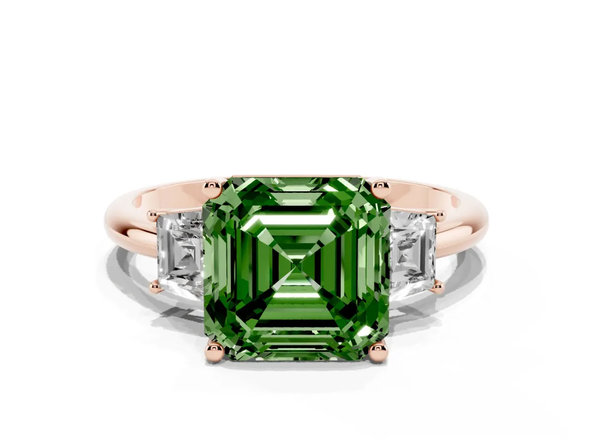 Fancy Green Asscher Cut Diamond Three-Stone Ring with Trapezoid Side Stones and Prong Setting Rose gold