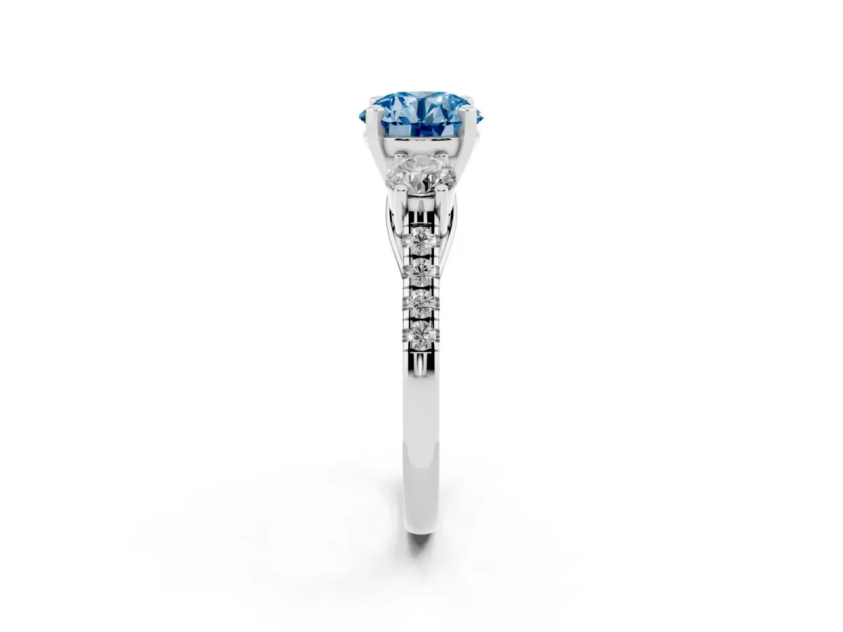 Fancy Blue Three-Stone Round Cut Diamond Pavé Band with Four-Prong Setting Silver