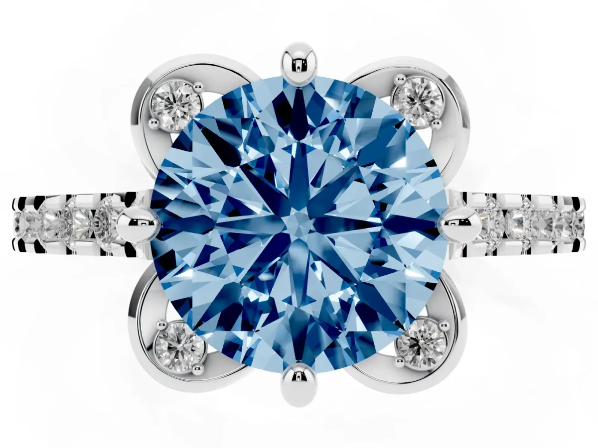 Fancy Blue Round Cut Diamond Ring with Pavé Band and Floral Prong Setting Silver