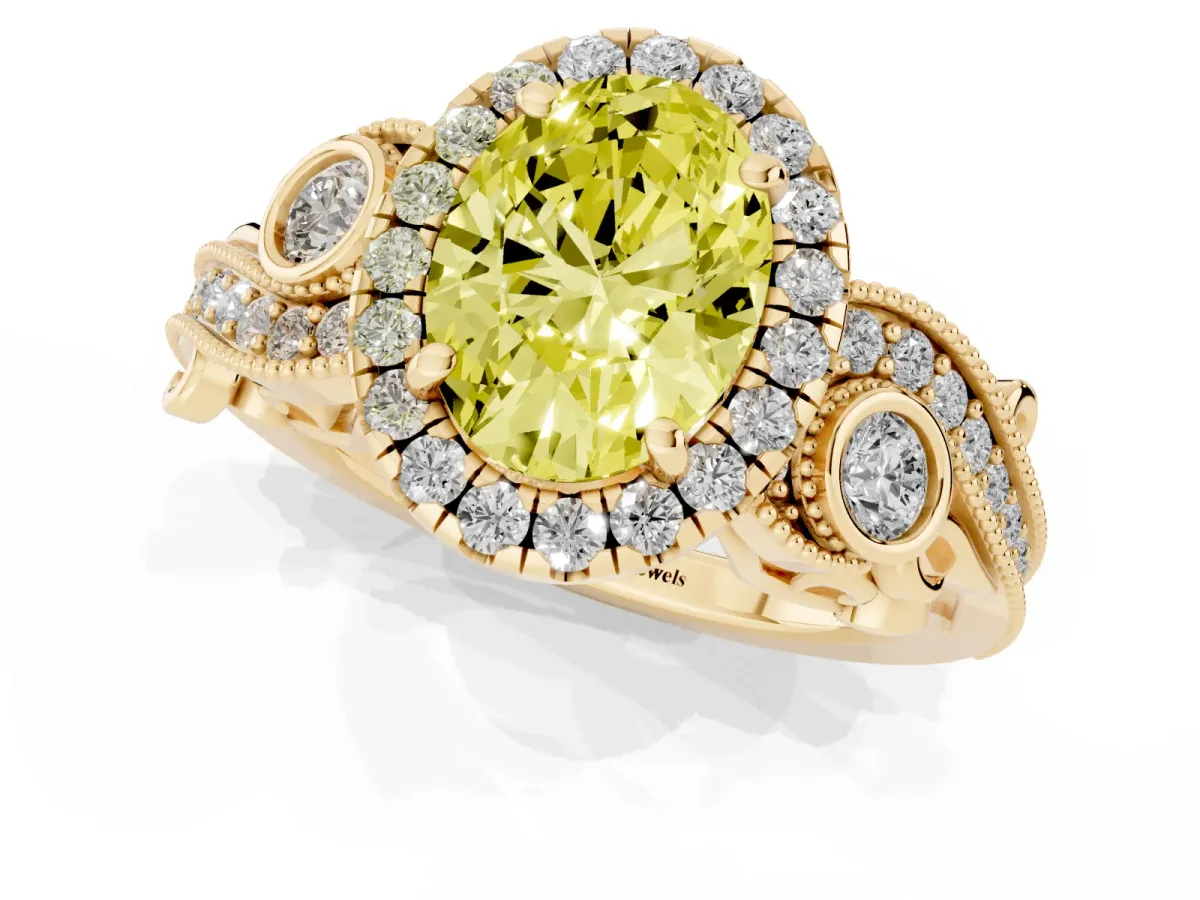 Fancy Yellow Oval Cut Diamond Halo Ring with Milgrain Pavé Band and Four-Prong Setting Yellow gold