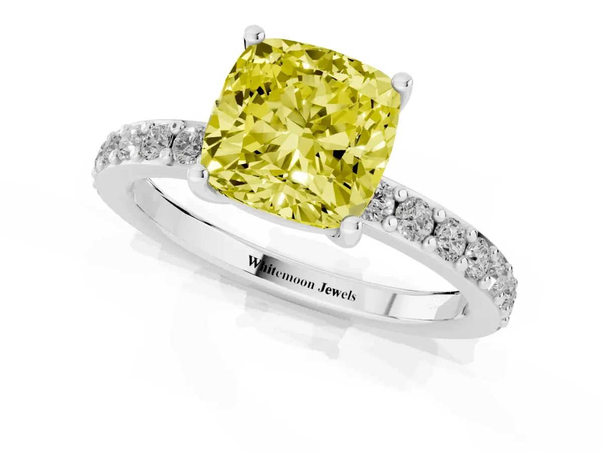 Fancy Yellow Cushion Cut Cut Diamond Solitaire with Pave Band and Four-Prong Setting Silver