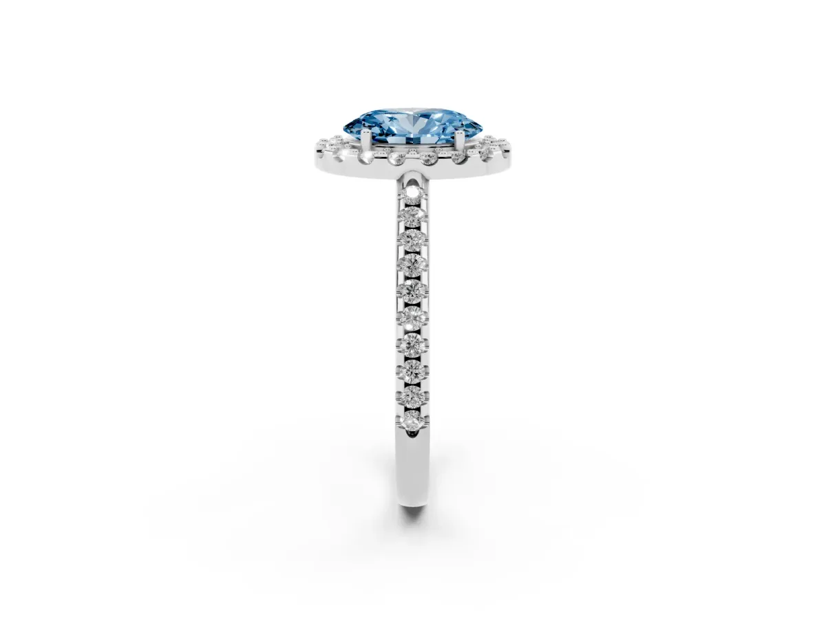 Fancy Blue Oval Cut Diamond Pavé Halo Ring with Four-Prong Setting Silver
