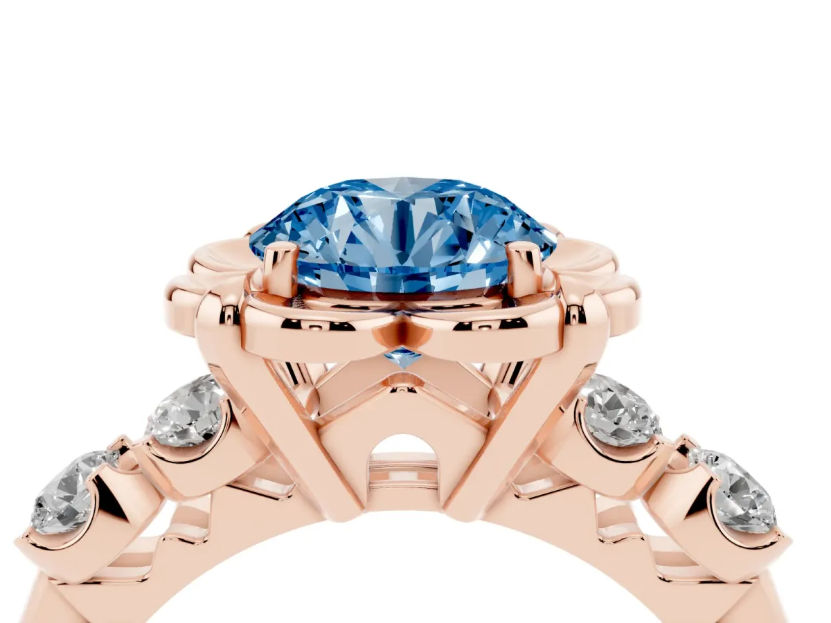 Fancy Blue Round Cut Cut Diamond Floral Halo Engagement Ring with Shared Prong Setting Rose gold