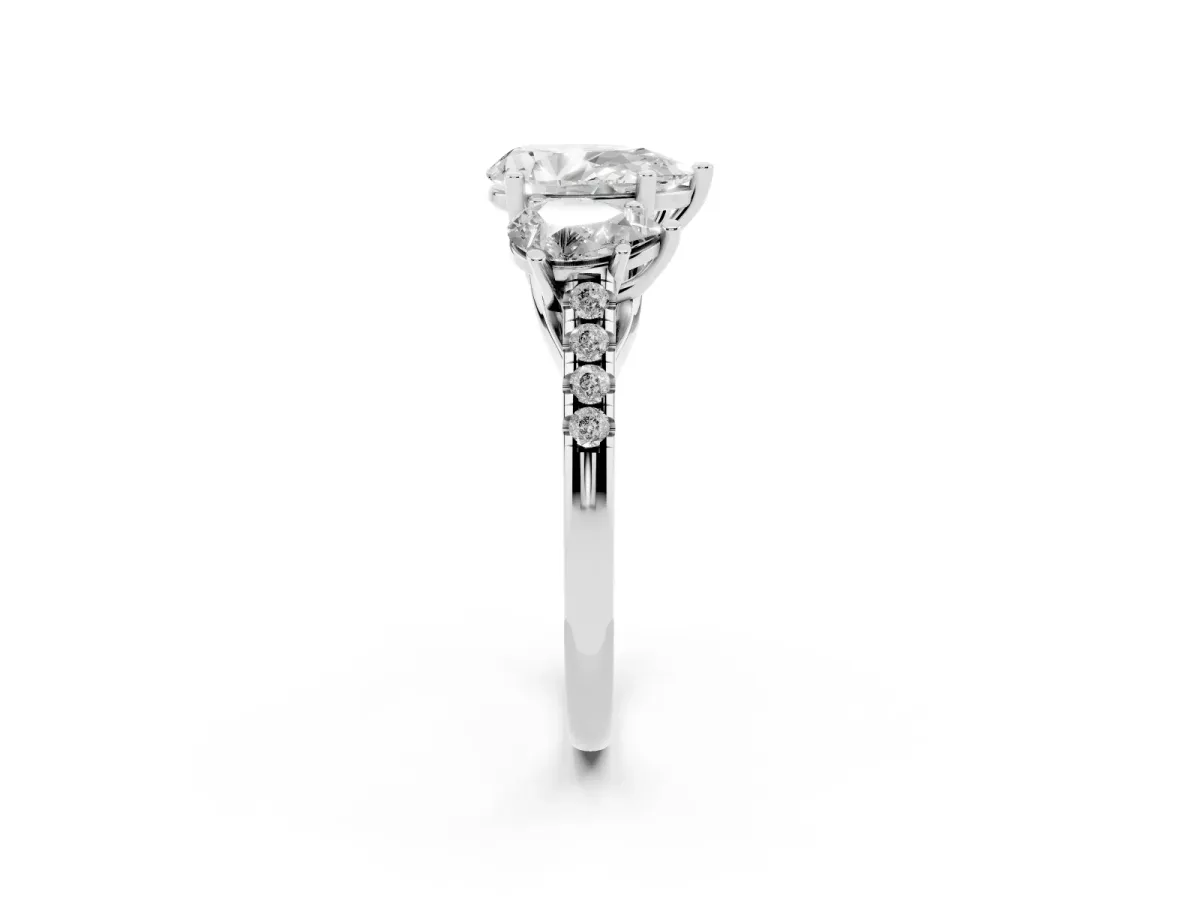 Three-Stone Pear Cut Diamond Ring with Round Pavé Band and Prong Setting Silver