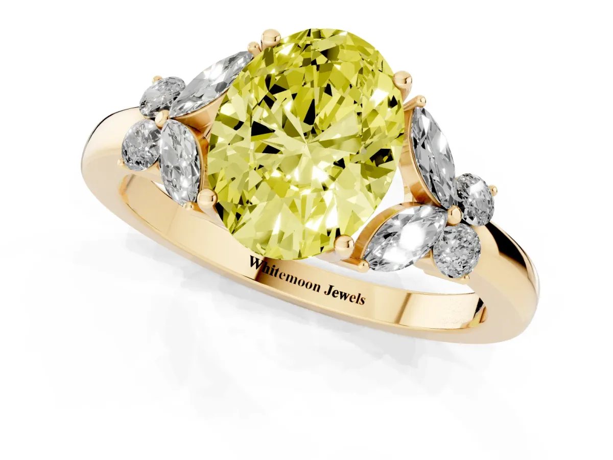 Fancy Yellow Oval Cut Cut Solitaire Floral Diamond Ring with Four-Prong Setting Yellow gold