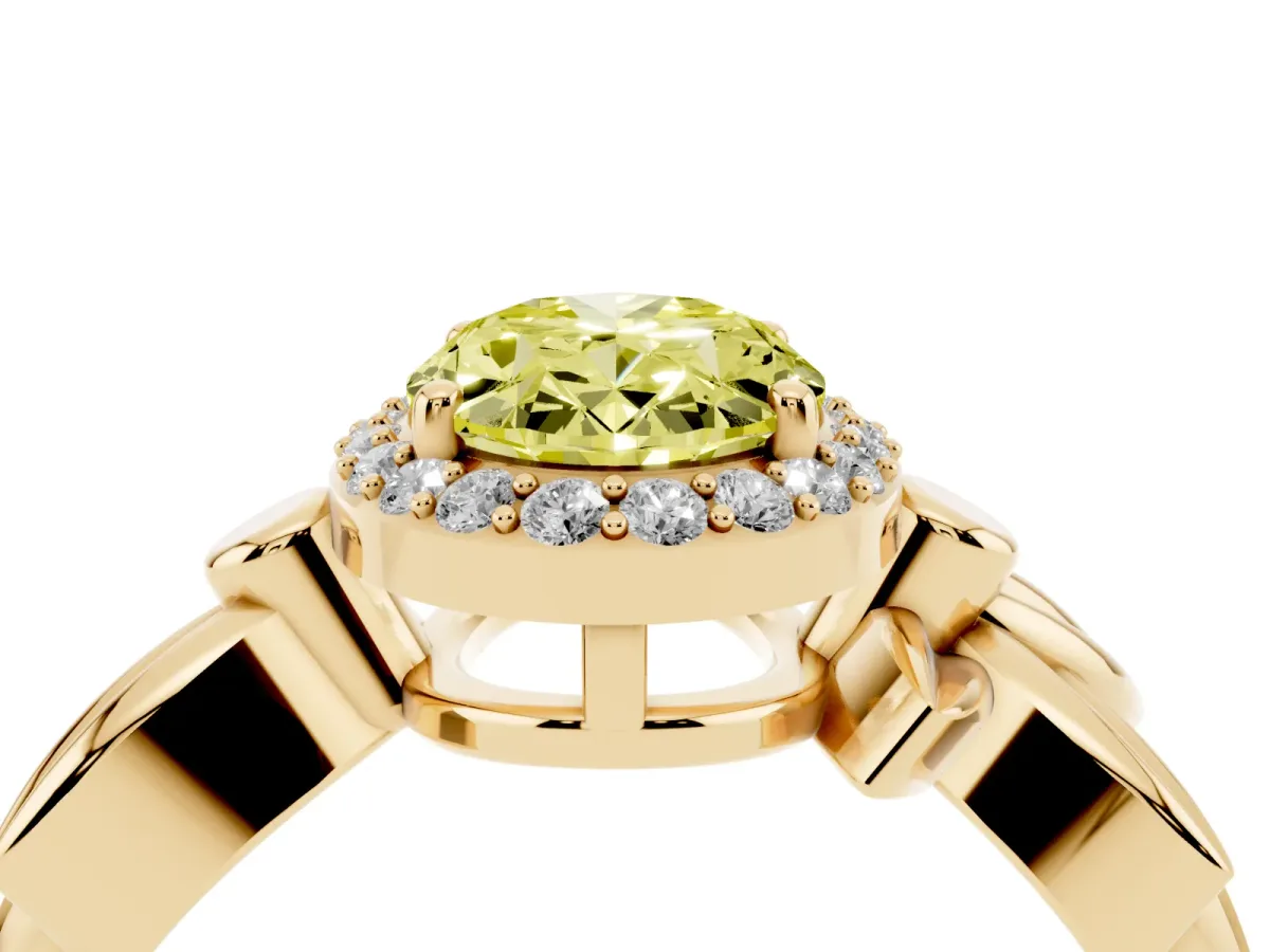 Fancy Yellow Oval Cut Halo Diamond Floral Band with Four-Prong Setting Yellow gold