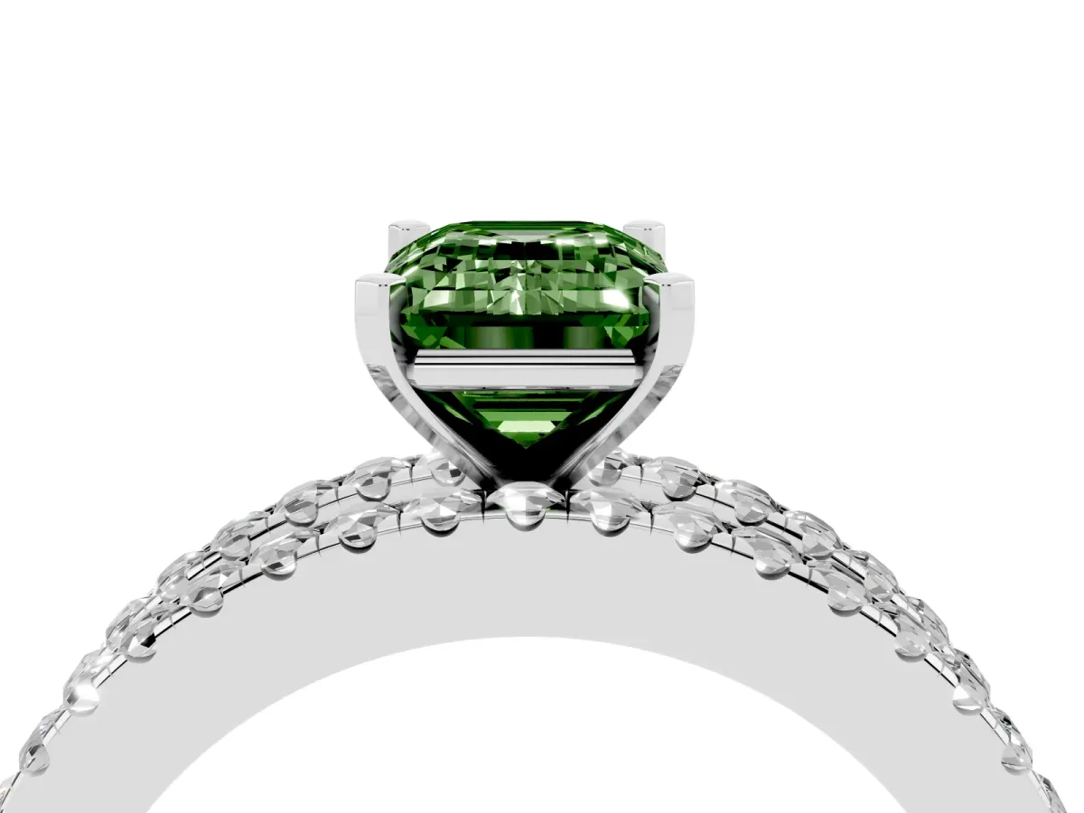 Fancy Green Emerald Cut Diamond Solitaire Ring with Pavé and Channel Set Band Silver