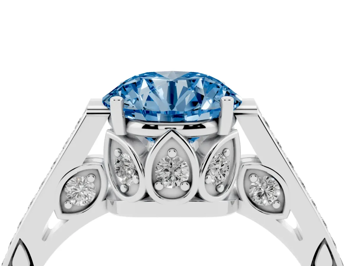 Fancy Blue Round Cut Cut Cathedral Pave Diamond Engagement Ring with Six-Prong Setting Platinum