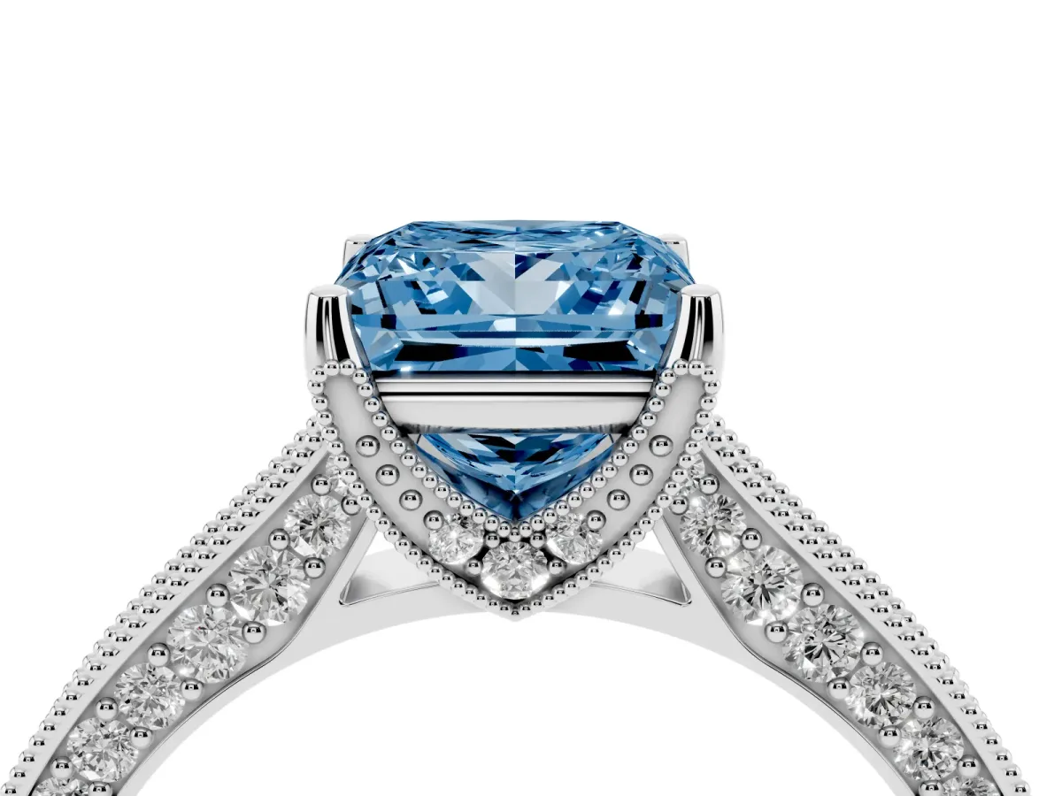 Fancy Blue Princess Cut Cut Diamond Solitaire Ring with Milgrain Pave Band and Four Prong Setting Silver