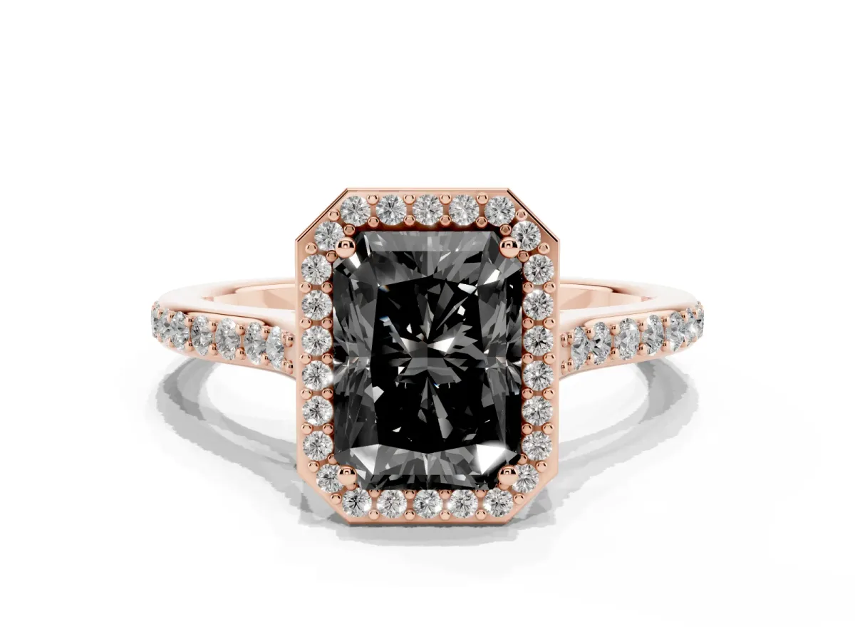 Fancy Black Radiant Cut Diamond Halo Engagement Ring with Round Pavé Shoulders and Prong Setting Rose gold