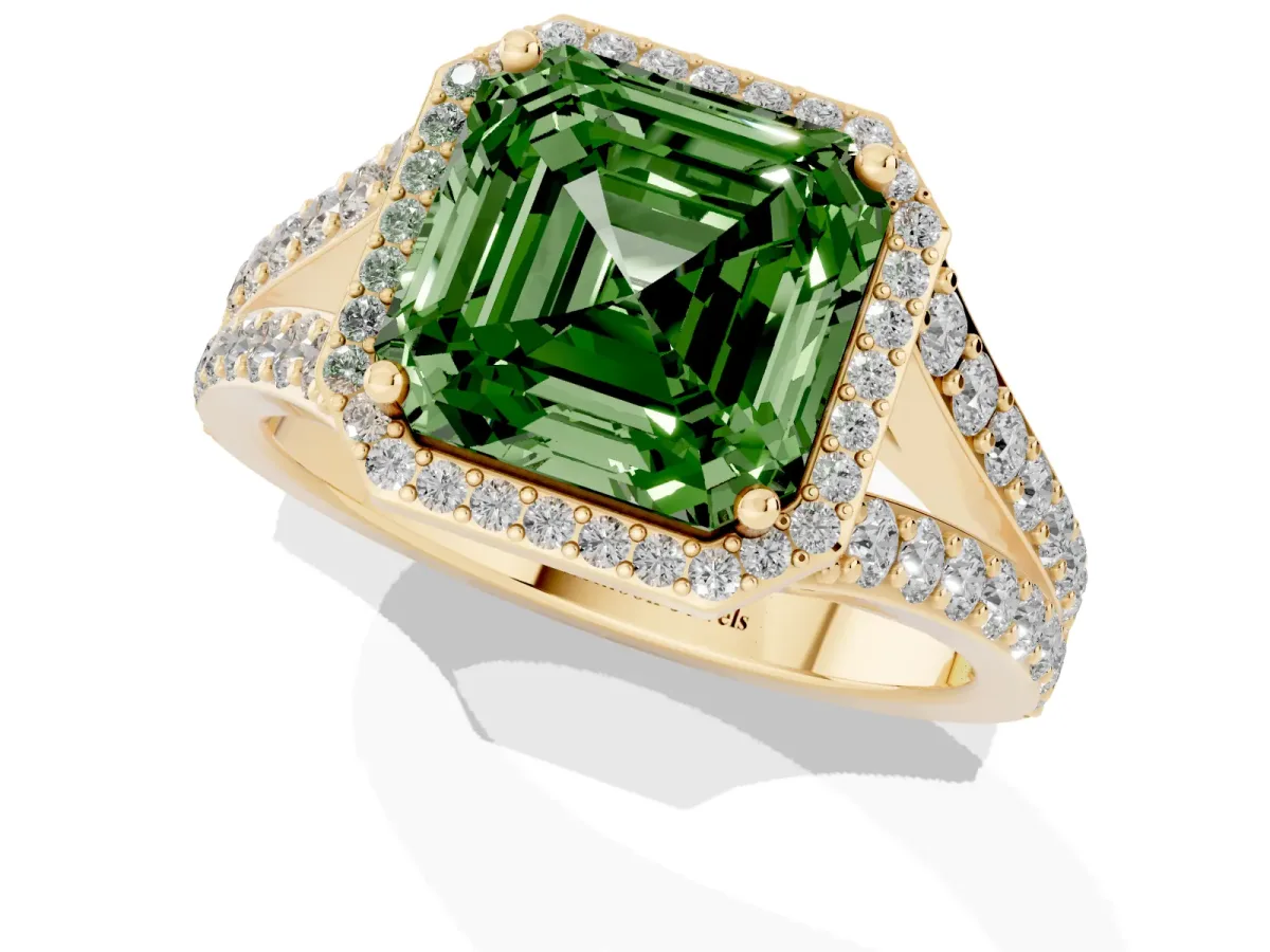 Fancy Green Asscher Cut Diamond Split Shank Halo Ring with Four-Prong Setting Yellow gold