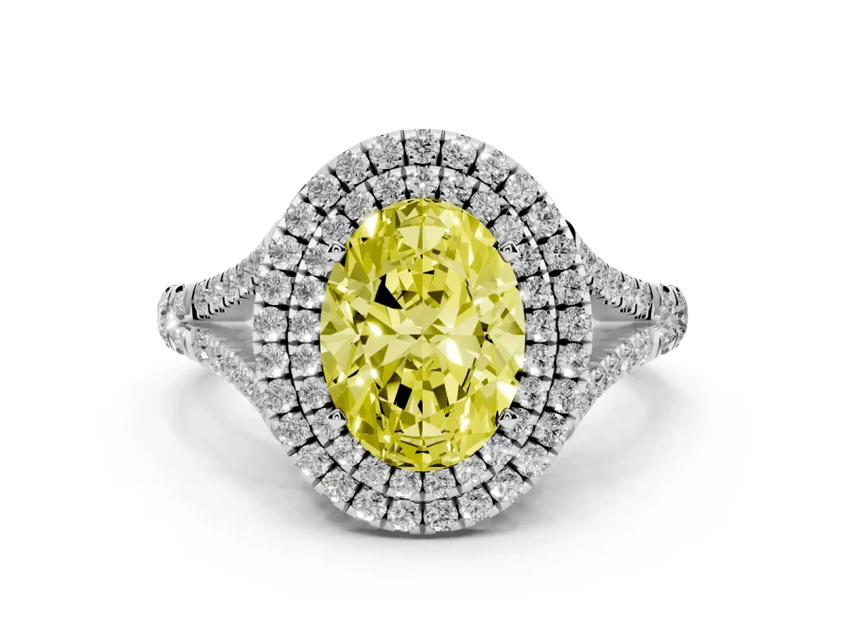 Fancy Yellow Oval Cut Cut Double Halo Split Shank Diamond Ring with Prong Setting Platinum