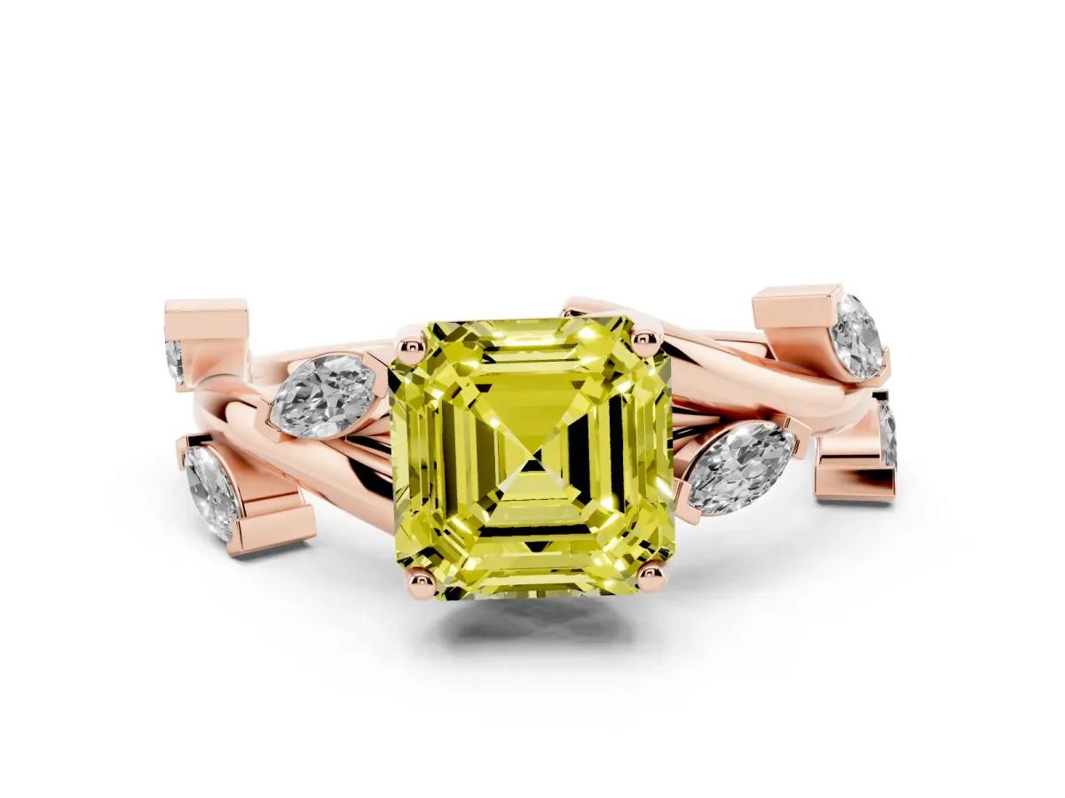 Fancy Yellow Asscher Cut Solitaire Twisted Band Marquise Accent Prong Setting Ring Rose gold
