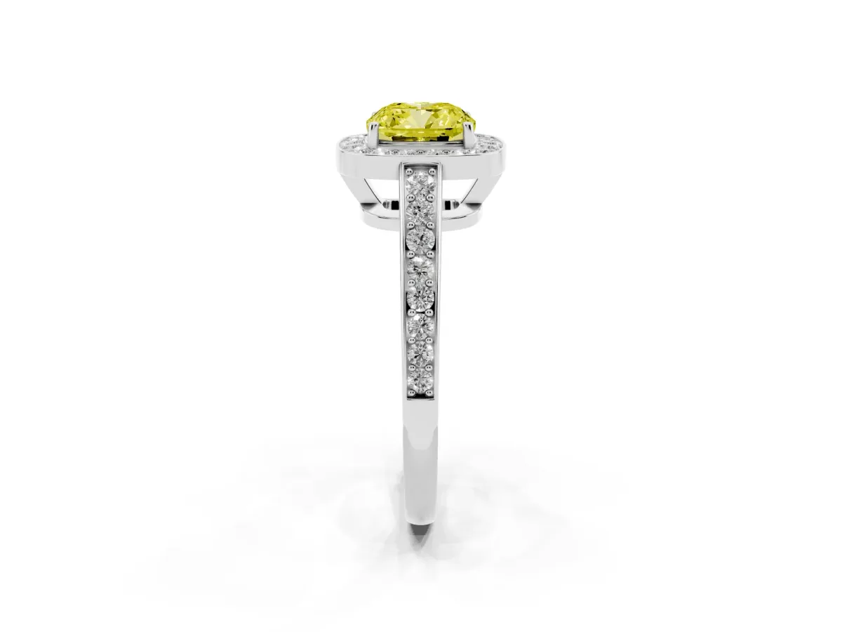 Fancy Yellow Cushion Cut Halo Pavé Diamond Engagement Ring with Bezel Setting Silver