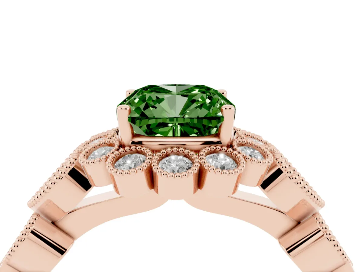 Fancy Green Cushion Cut Brilliant Milgrain Pave Heart Band Solitaire Ring Rose gold