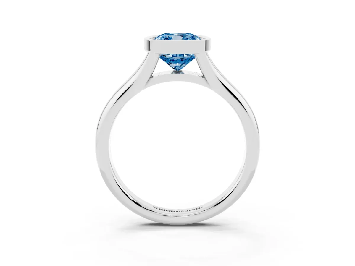 Fancy Blue Bezel Set Cushion Cut Solitaire Diamond Ring with Smooth Band Platinum