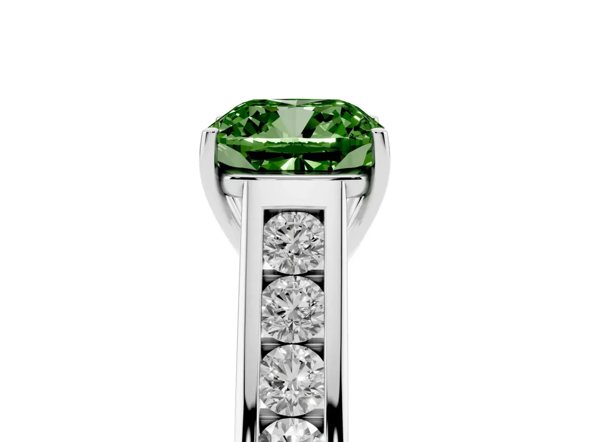 Fancy Green Cushion Cut Solitaire Channel-Set Diamond Engagement Ring with Four-Prong Setting Silver