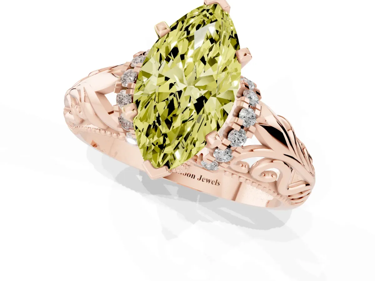 Fancy Yellow Marquise Cut Solitaire Filigree Engagement Ring with Halo and Prong Setting Rose gold