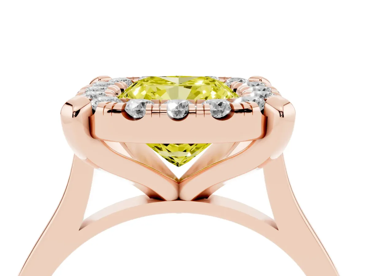 Fancy Yellow Cushion Cut Diamond Cluster Halo Solitaire with Four-Prong Setting Rose gold