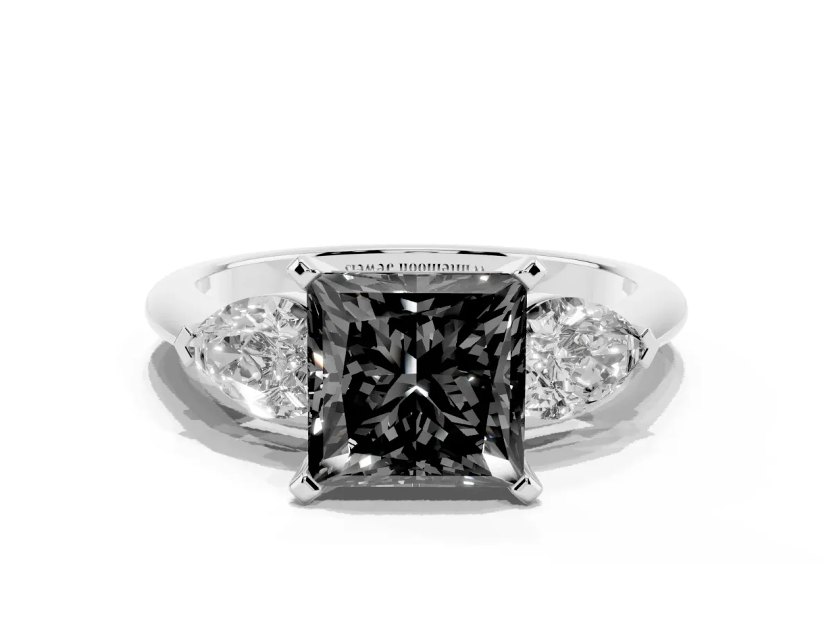 Fancy Black Three-Stone Princess Cut Diamond Ring with Pear Side Stones and Four-Prong Setting Silver