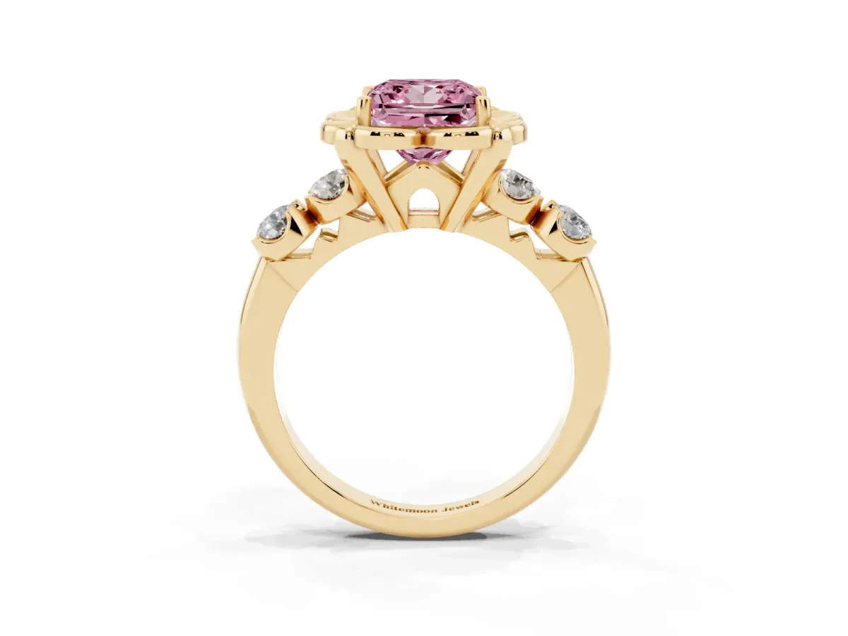 Fancy Pink Princess Cut Cut Diamond Floral Halo Engagement Ring with Shared Prong Setting Yellow gold