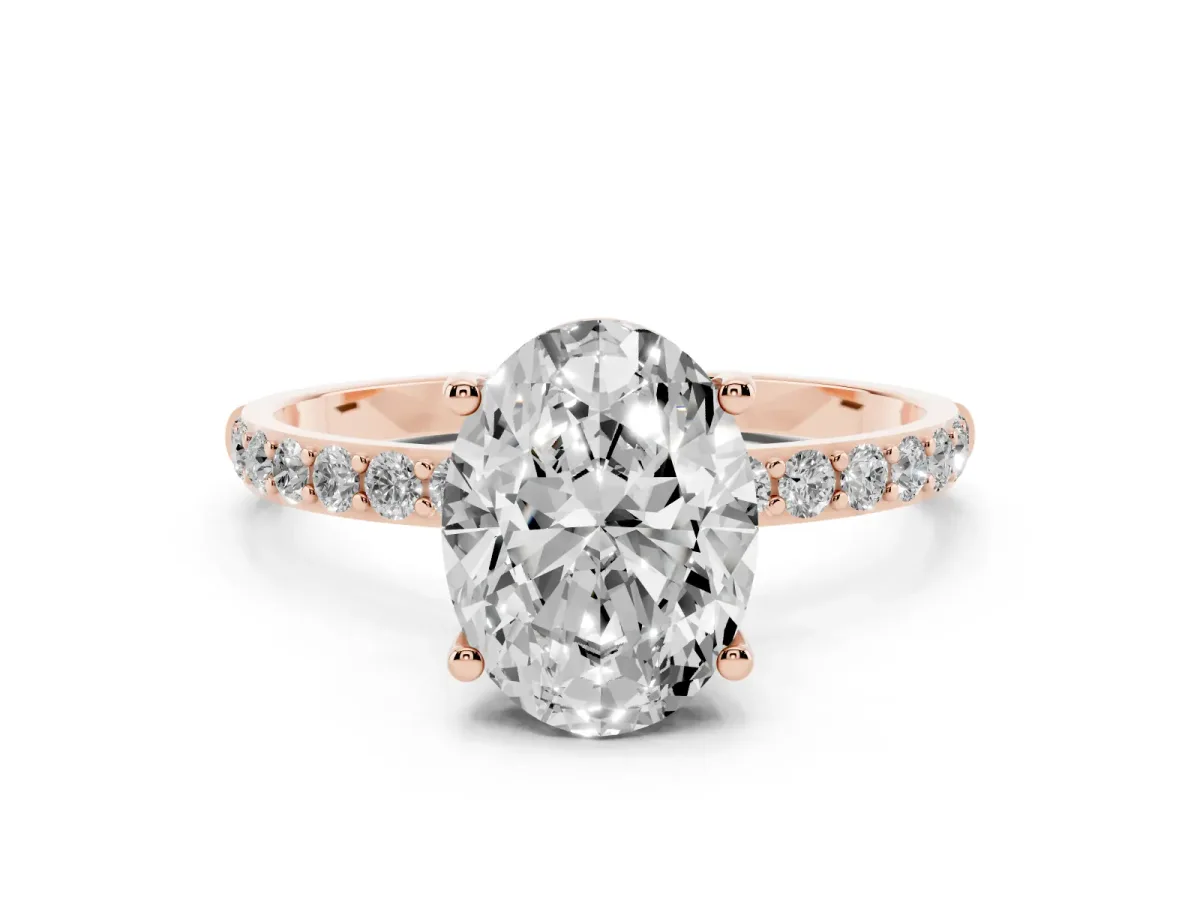 Oval Cut Diamond Solitaire Ring with Round Pavé Shoulders and Prong Setting Rose gold