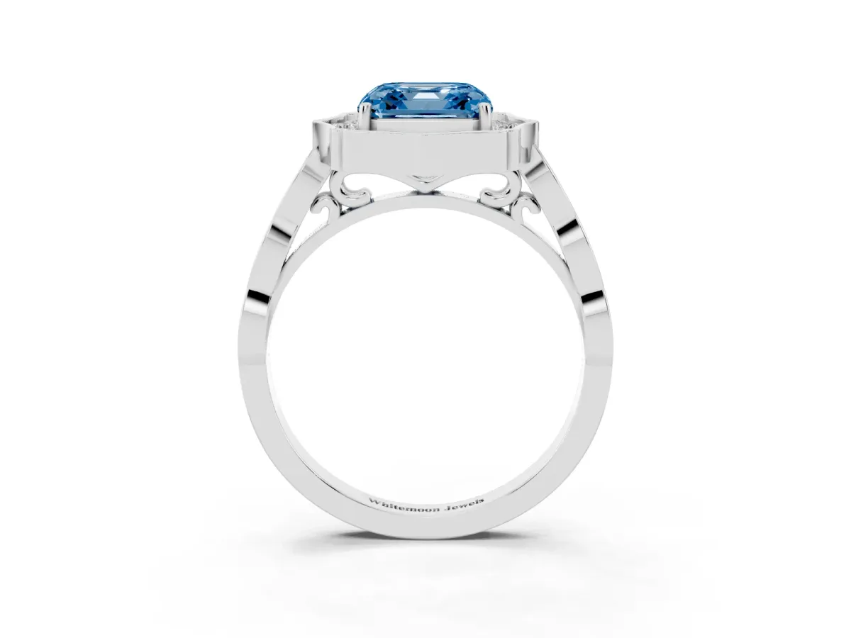 Fancy Blue Asscher Cut Halo Diamond Engagement Ring with Milgrain Band and Four-Prong Setting Silver