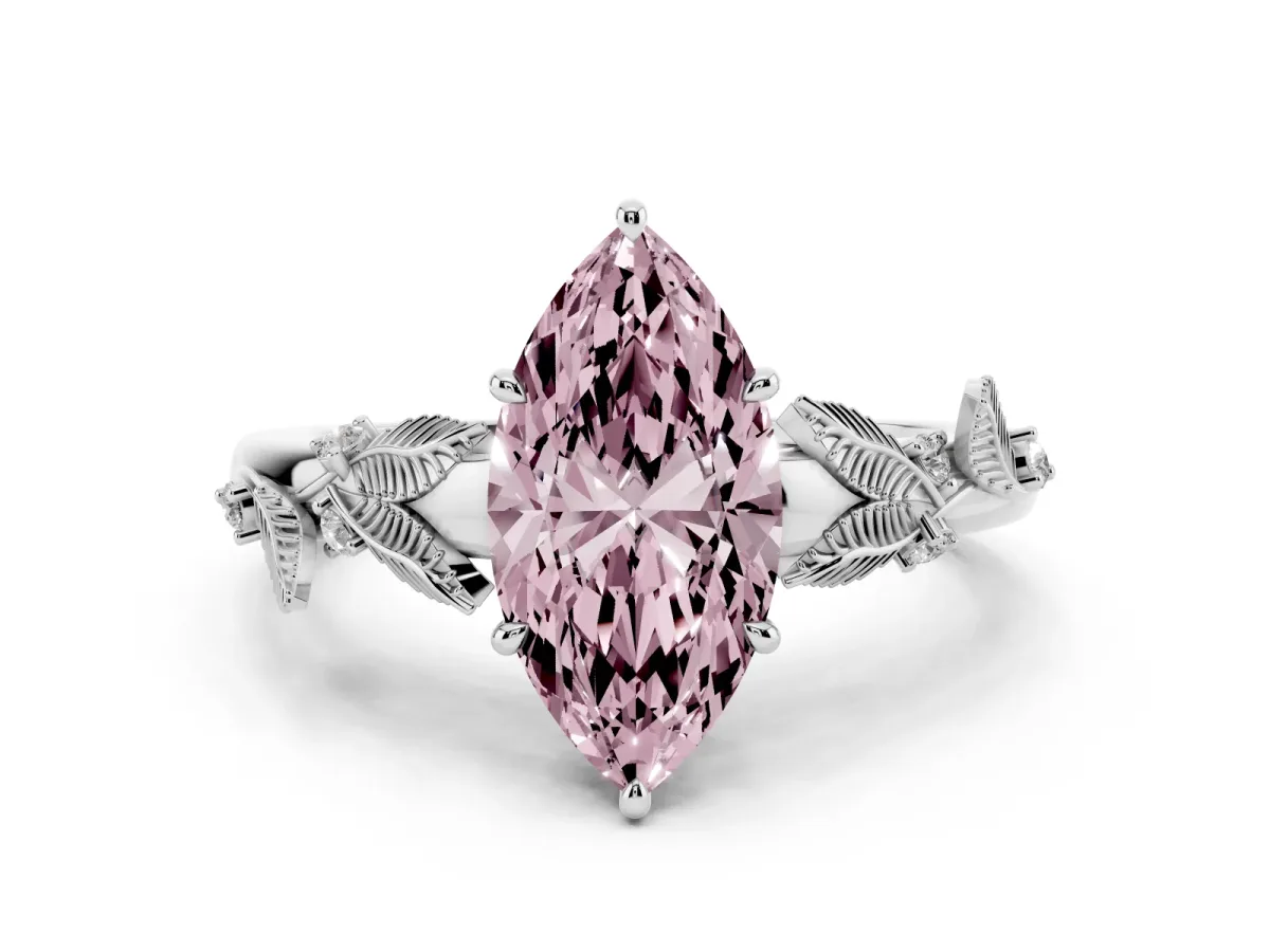 Fancy Pink Marquise Cut Diamond Solitaire Ring with Leaf Motif Band and Four-Prong Setting Silver