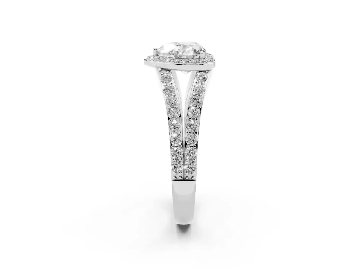 Heart Cut Diamond Split Shank Halo Ring with Four-Prong Setting Silver