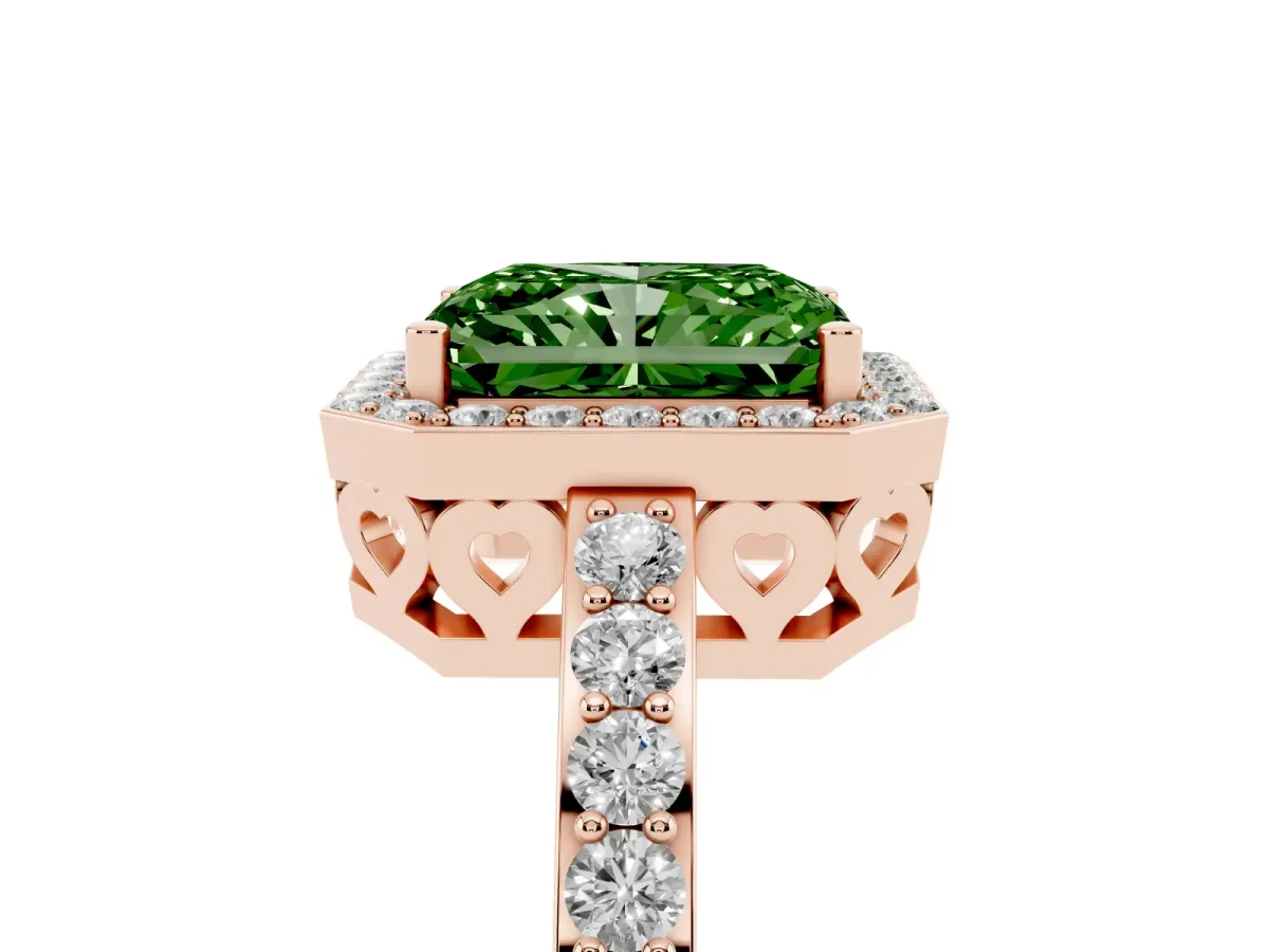 Fancy Green Radiant Cut Halo Diamond Pavé Band Ring with Prong Setting Rose gold