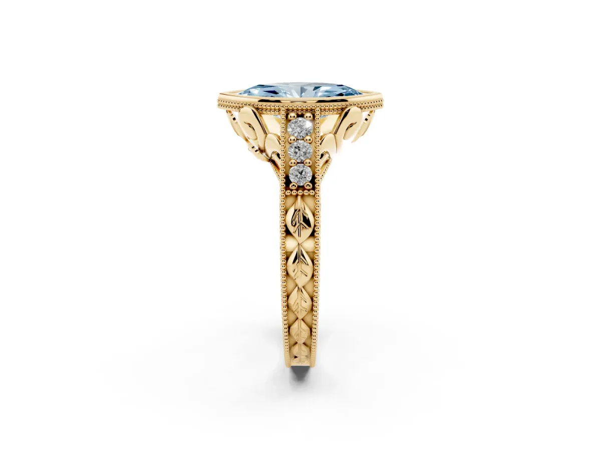 Fancy Blue Bezel Set Marquise Cut Diamond Milgrain Pave Engagement Ring Yellow gold
