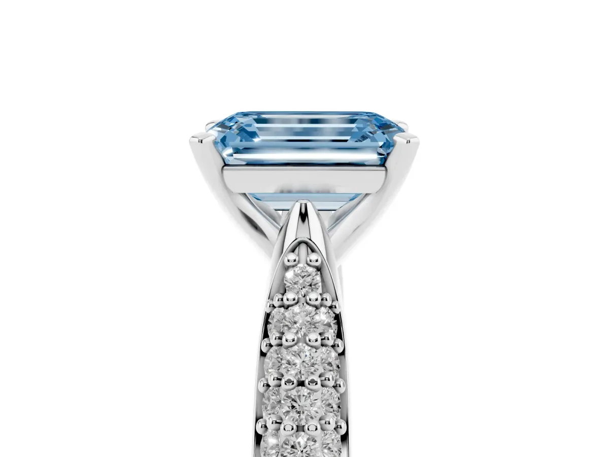 Fancy Blue Emerald Cut Diamond Solitaire Engagement Ring with Multi-Row Round Pavé Band and Prong Setting Silver
