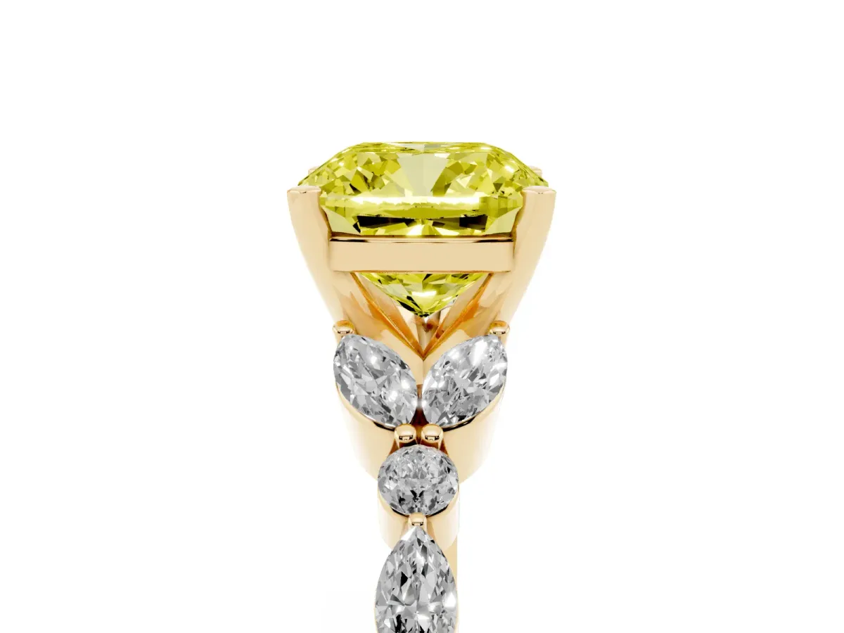 Fancy Yellow Cushion Cut Diamond Solitaire Ring with Side Stones and Four-Prong Setting Yellow gold