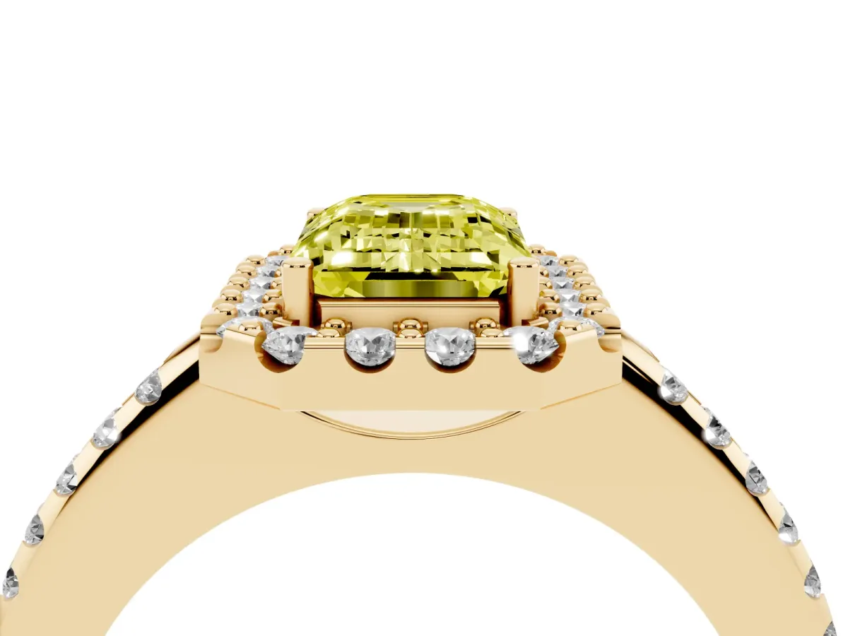 Fancy Yellow Emerald Cut Diamond Pavé Halo Ring with Four-Prong Setting Yellow gold