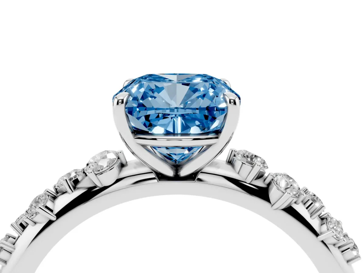 Fancy Blue Cushion Cut Diamond Cluster Prong-Set Solitaire Ring Platinum