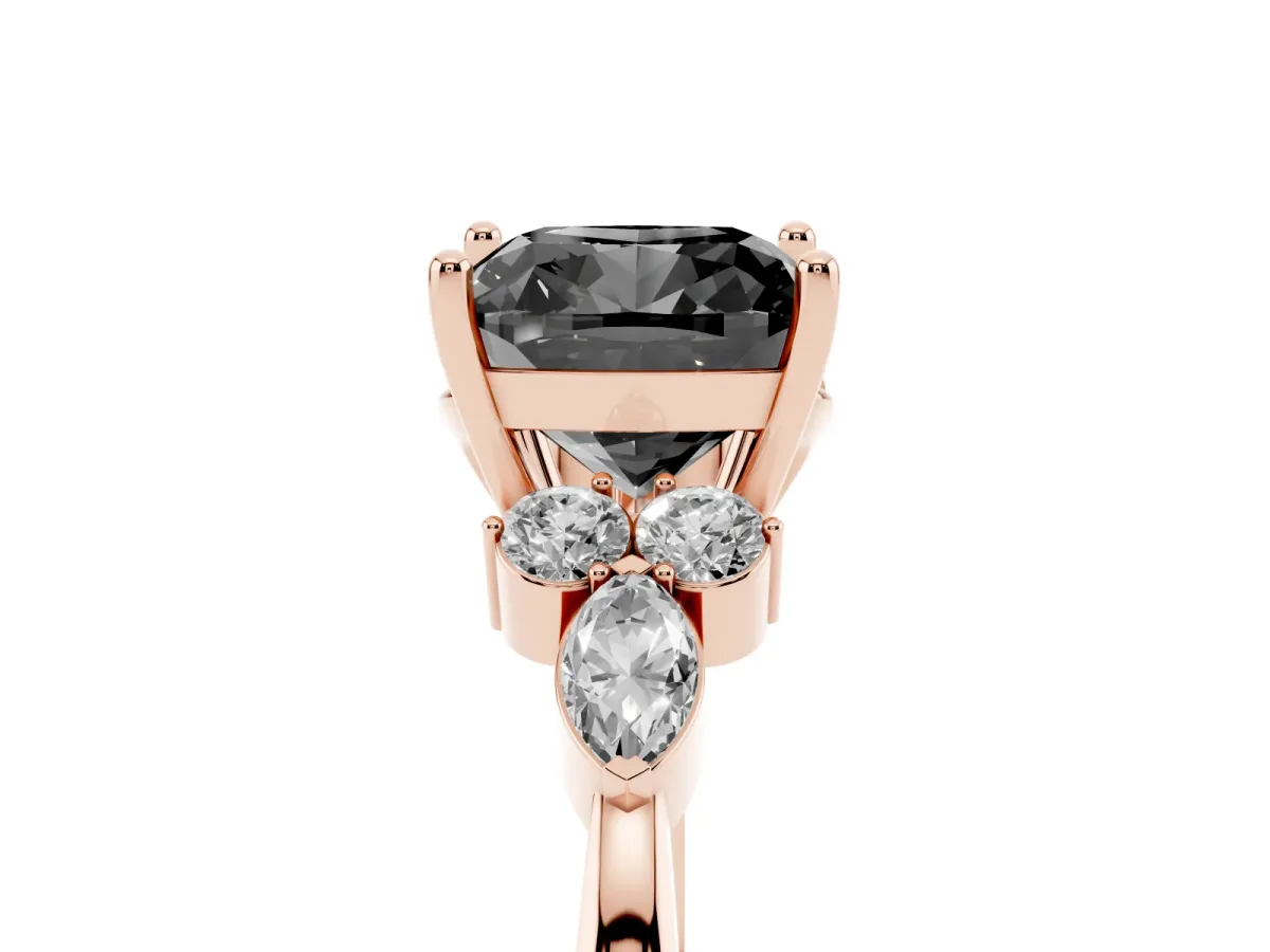 Fancy Black Cushion Cut Brilliant Diamond Solitaire Ring with Pear Side Stones and Four-Prong Setting Rose gold