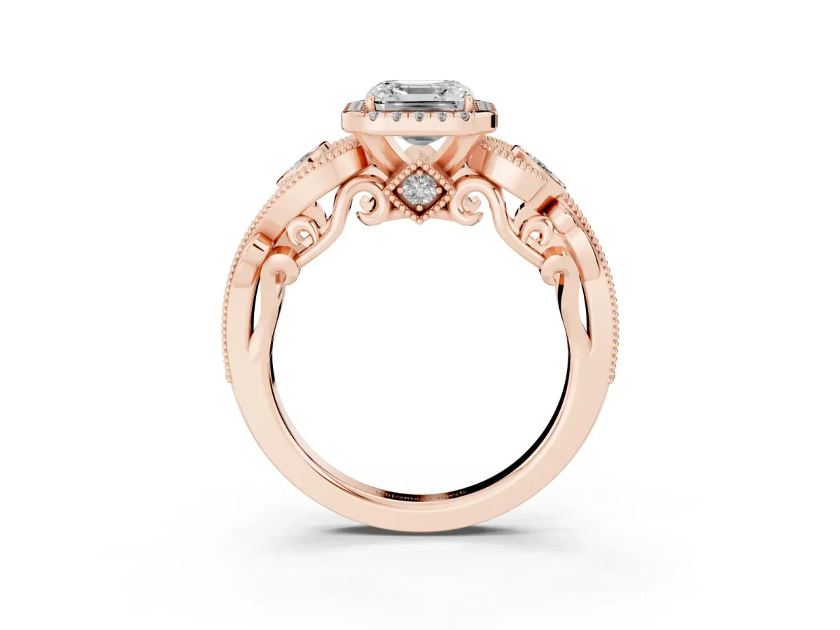 Asscher Cut Diamond Halo Ring with Milgrain Pavé Band and Four-Prong Setting Rose gold