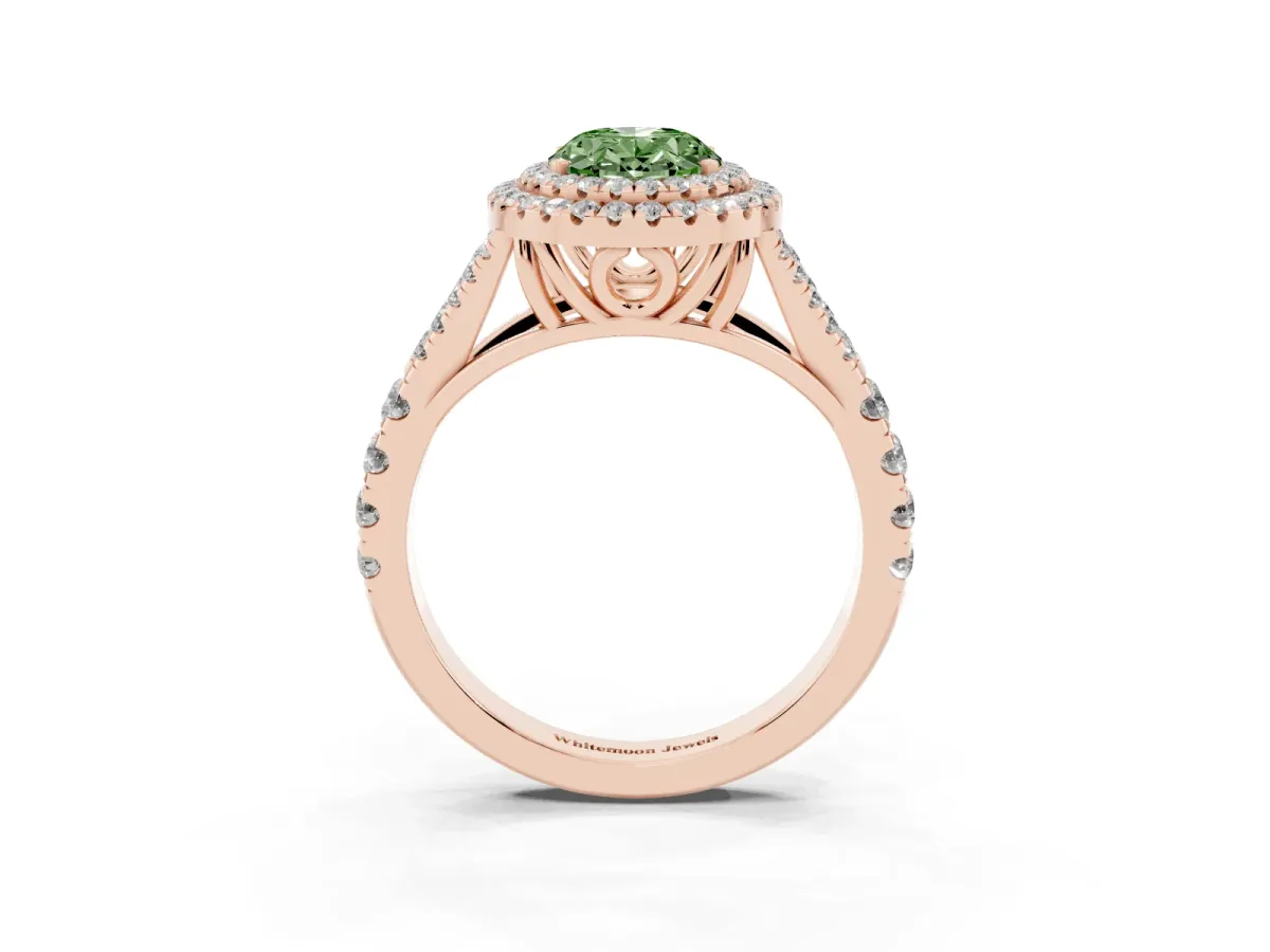 Fancy Green Oval Cut Cut Double Halo Split Shank Diamond Ring with Prong Setting Rose gold