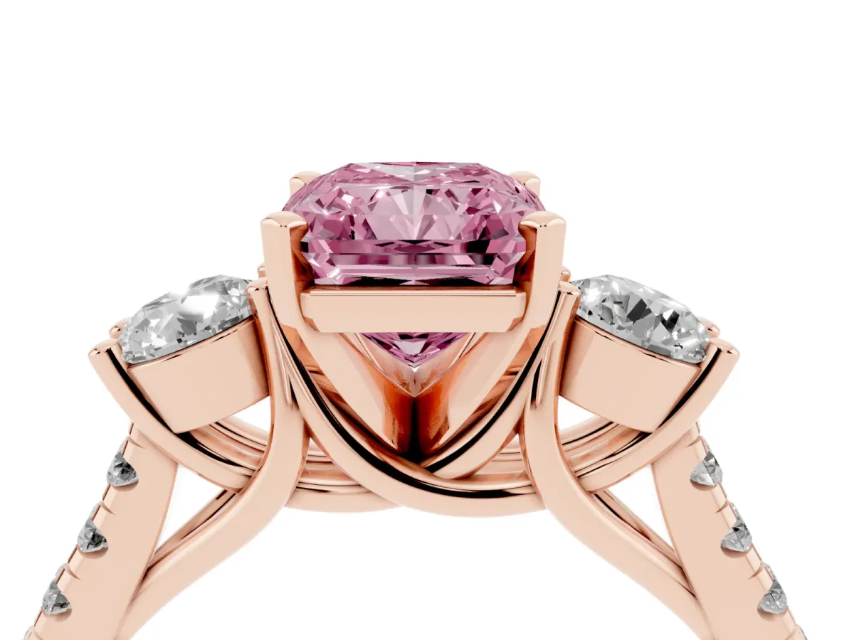 Fancy Pink Three-Stone Radiant Cut Diamond Pavé Band with Four-Prong Setting Rose gold