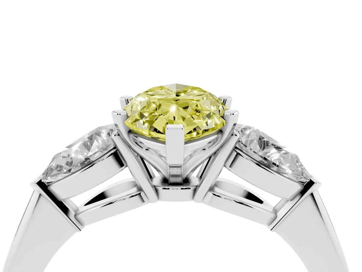 Fancy Yellow Three-Stone Marquise Cut Diamond Ring with Pear Side Stones and Four-Prong Setting Platinum