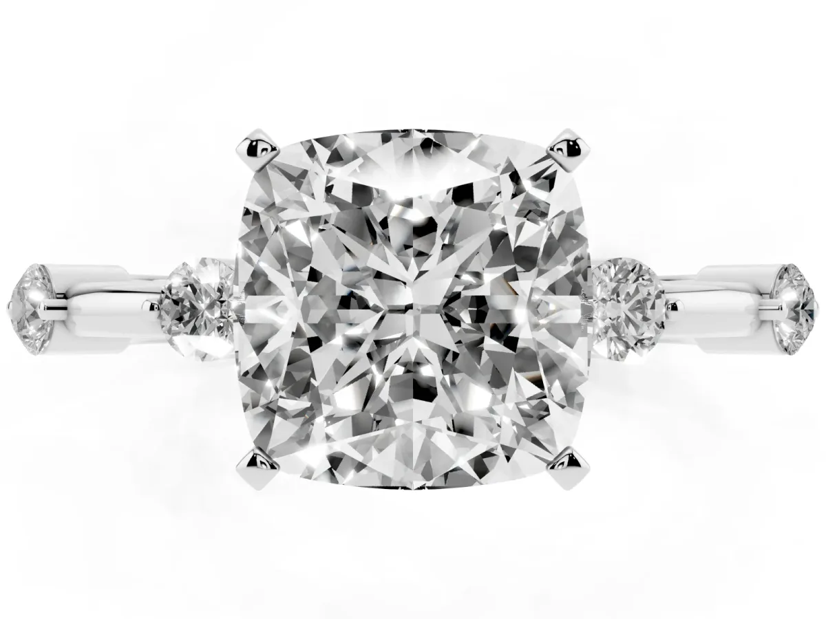 Cushion Cut Solitaire Diamond Ring with Bezel Set Side Stones and Prong Setting Silver