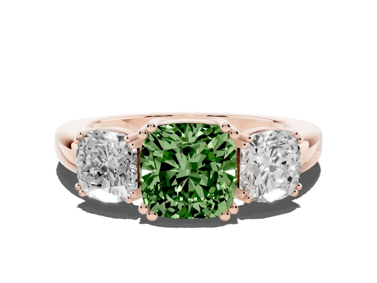 Fancy Green Three-Stone Cushion Cut Cut Diamond Ring with Channel Set Band and Four-Prong Setting Rose gold
