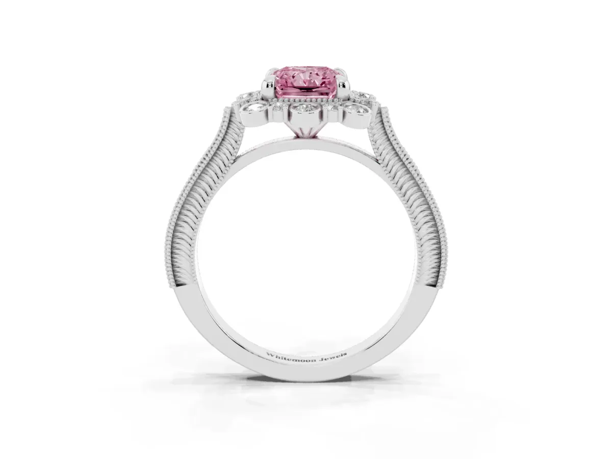 Fancy Pink Radiant Cut Halo Milgrain Pave Diamond Ring with Four-Prong Setting Silver