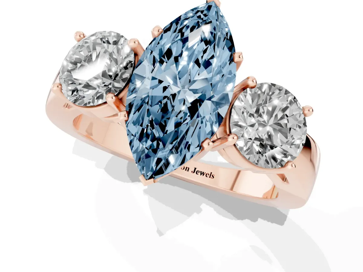 Fancy Blue Three-Stone Marquise Cut Diamond Ring with Round Side Stones, Classic Band, and Four-Prong Setting Rose gold