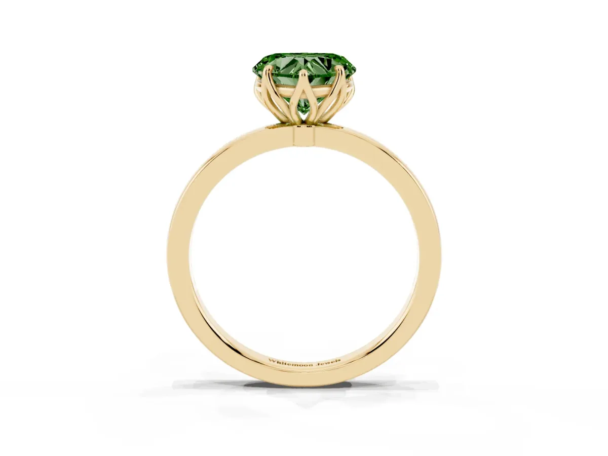 Fancy Green Heart Cut Diamond Solitaire Ring with Thin Band and Prong Setting Yellow gold