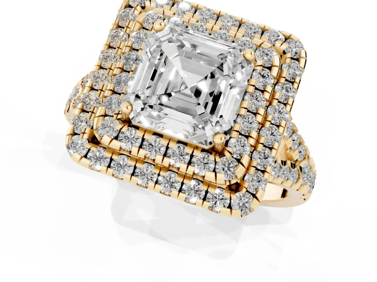 Double Halo Asscher Cut Diamond Pavé Split Shank Ring with Prong Setting Yellow gold