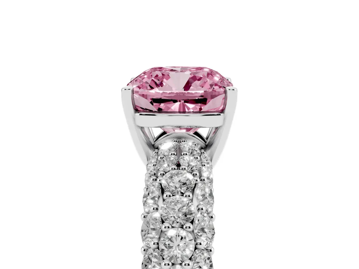 Fancy Pink Cushion Cut Diamond Pavé Band Solitaire Ring with Four-Prong Setting Silver