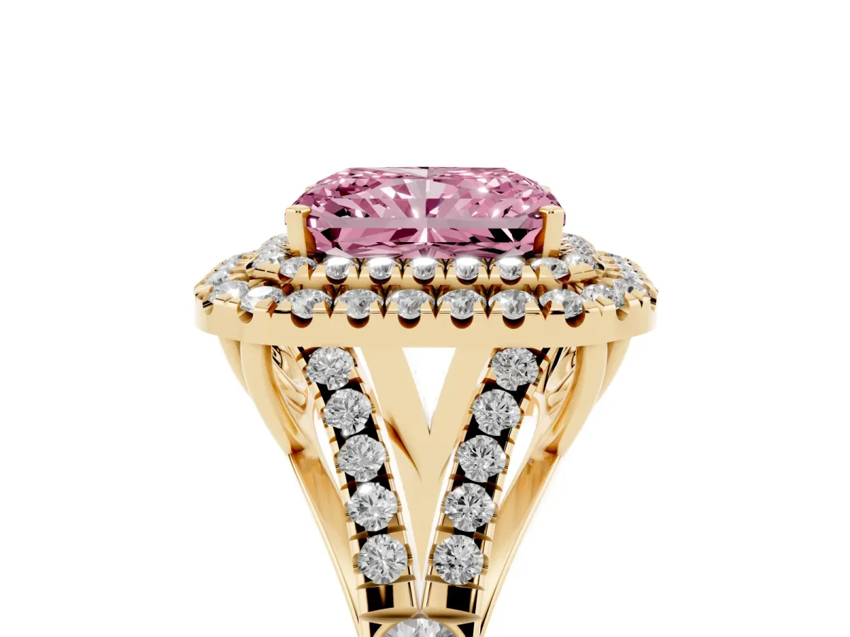 Fancy Pink Radiant Cut Cut Double Halo Split Shank Diamond Ring with Prong Setting Yellow gold