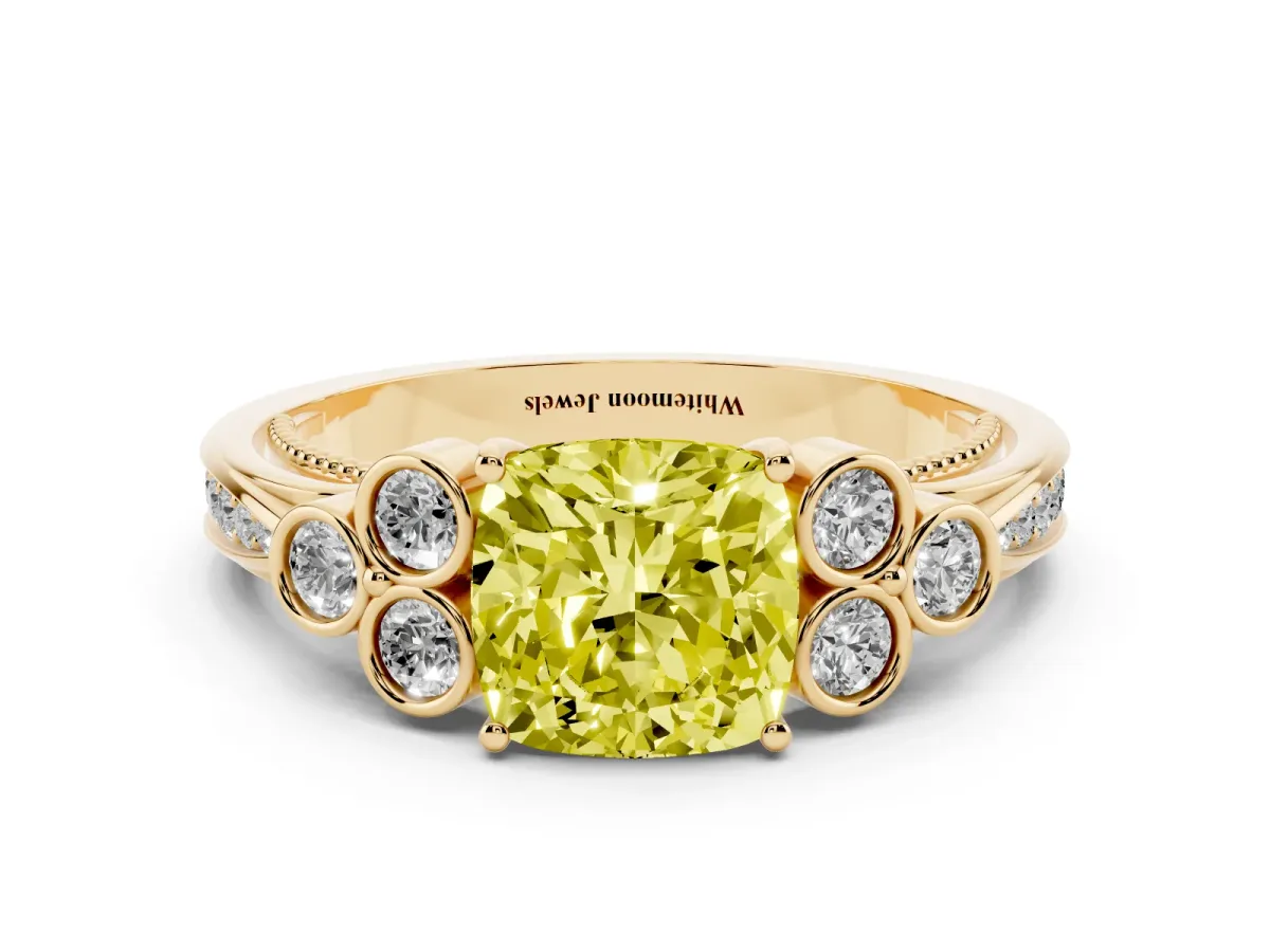 Fancy Yellow Cushion Cut Cut Diamond Engagement Ring with Bezel Set Round Side Stones and Prong Setting Yellow gold