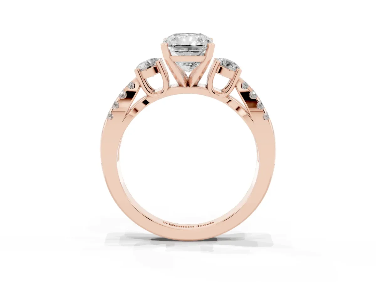 Radiant Cut Diamond Three-Stone Ring with Pavé Split Shank and Four-Prong Setting Rose gold